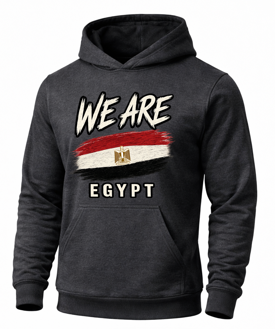 A dark charcoal gray hoodie featuring a graphic print on the front with the text 'WE ARE EGYPT' and a stylized Egyptian flag design.