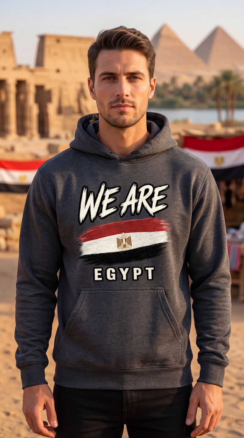 A man wearing a dark gray hoodie with a graphic print that reads 'WE ARE EGYPT' and features the Egyptian flag design, standing in front of the pyramids of Giza.