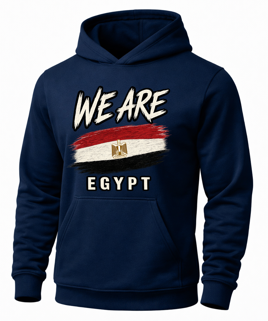 A navy blue pullover hoodie with a front graphic that reads 'WE ARE EGYPT' above and below a stylized Egyptian flag design, shown on a plain white background.