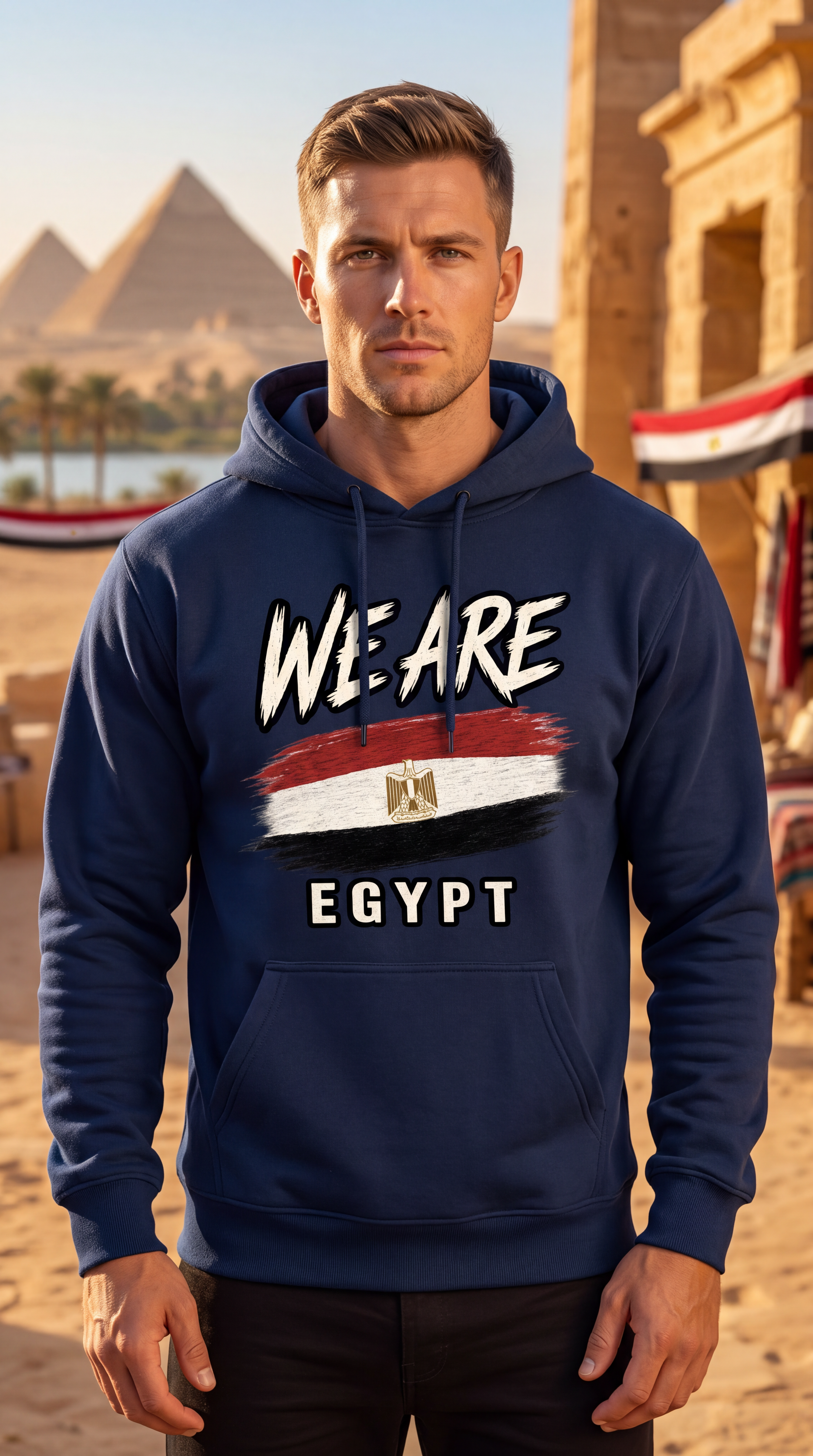 A man wearing a navy blue hoodie with a graphic print that reads 'WE ARE EGYPT' and features the Egyptian flag design, standing in front of the pyramids of Giza.