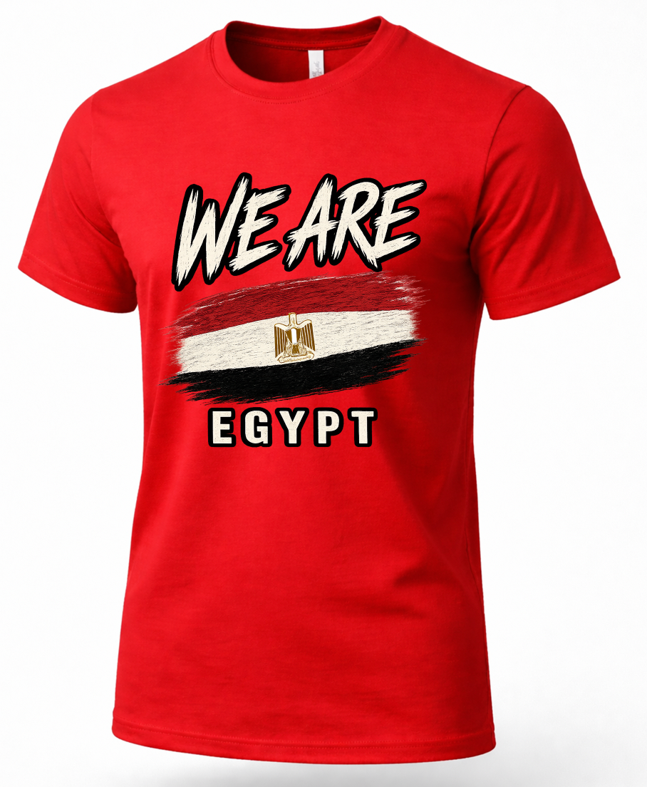 A red short-sleeve crewneck t-shirt featuring a graphic print of the Egyptian flag and the text 'WE ARE EGYPT' in stylized white and black lettering.