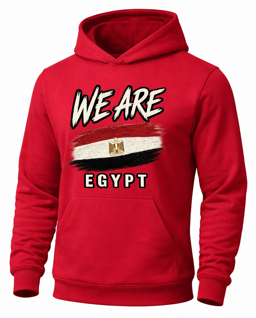 A red pullover hoodie featuring a graphic print on the front with the text 'WE ARE' above a stylized Egyptian flag and 'EGYPT' below, shown on a plain white background.