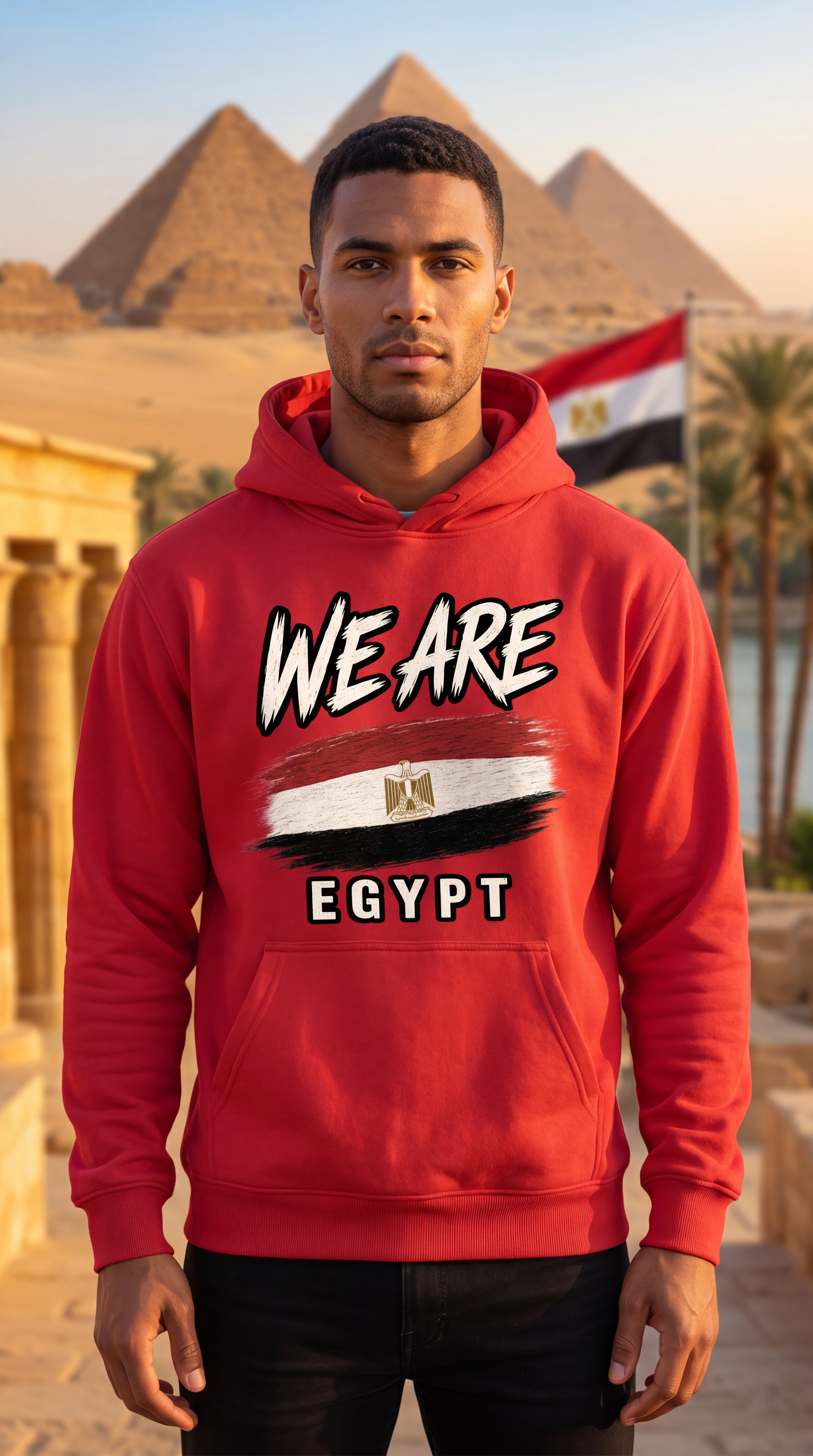 A man wearing a red hoodie with 'WE ARE EGYPT' and an Egyptian flag graphic printed on the front, standing in front of the pyramids of Giza.