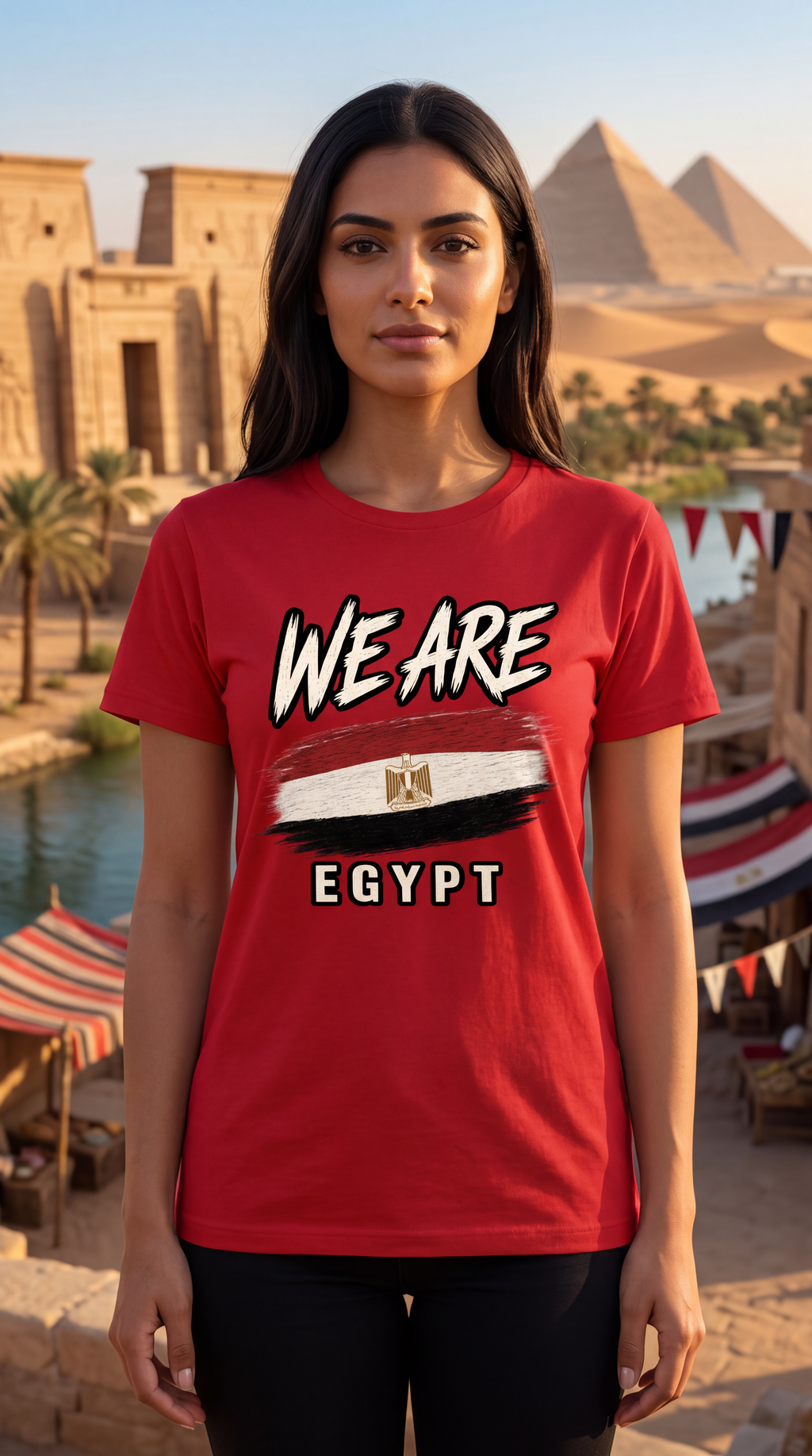 A woman wearing a red graphic t-shirt with 'WE ARE EGYPT' and a stylized Egyptian flag design, set against a background of the Egyptian pyramids and temples.