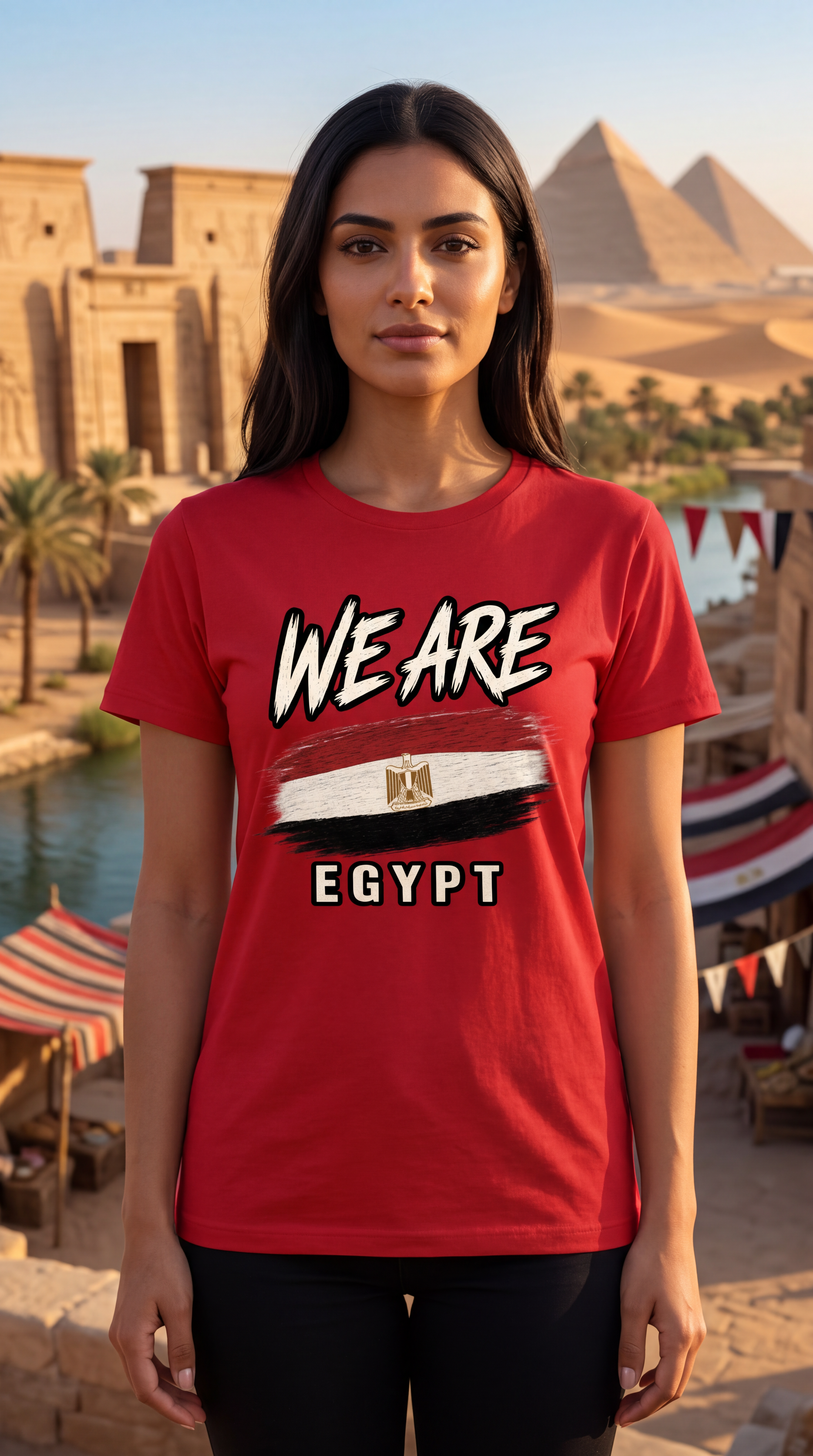 A woman wearing a red graphic t-shirt with 'WE ARE EGYPT' and a stylized Egyptian flag design, set against a background of the Egyptian pyramids and temples.