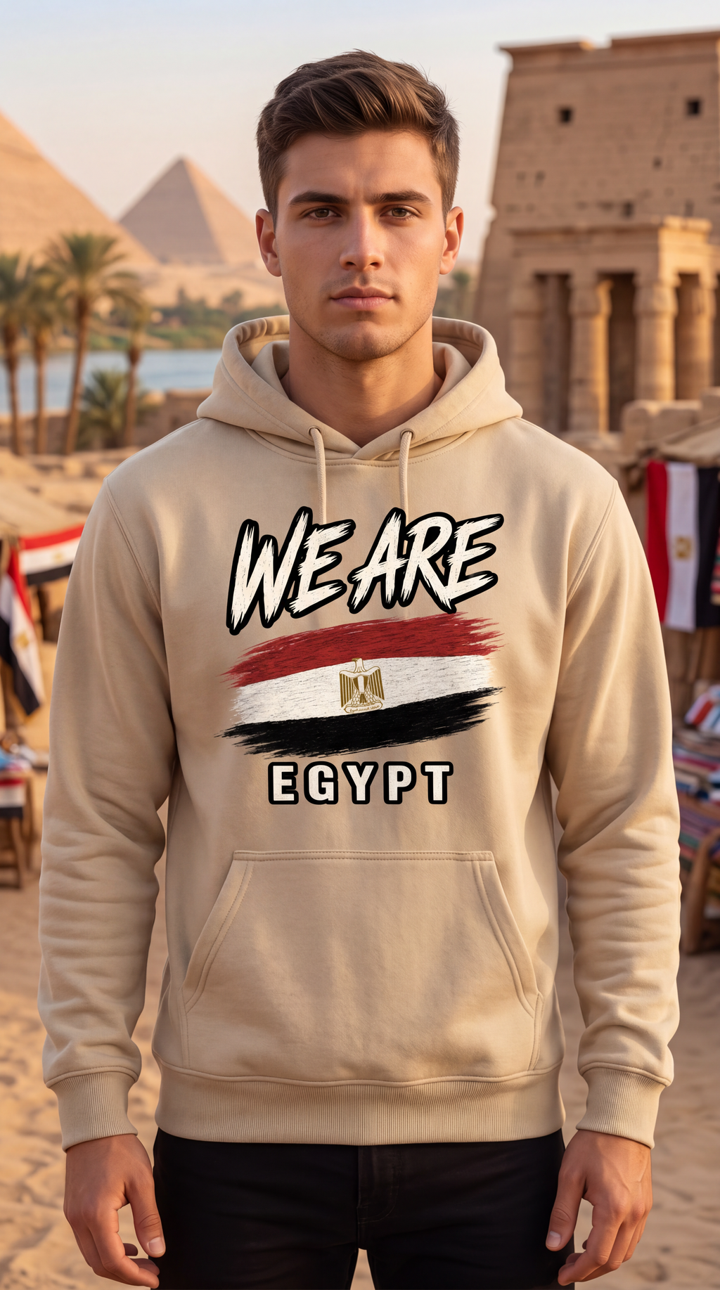 A man wearing a beige hoodie with a graphic print that reads 'WE ARE EGYPT' above and below the Egyptian flag, standing in front of a blurred background of pyramids and ancient architecture.