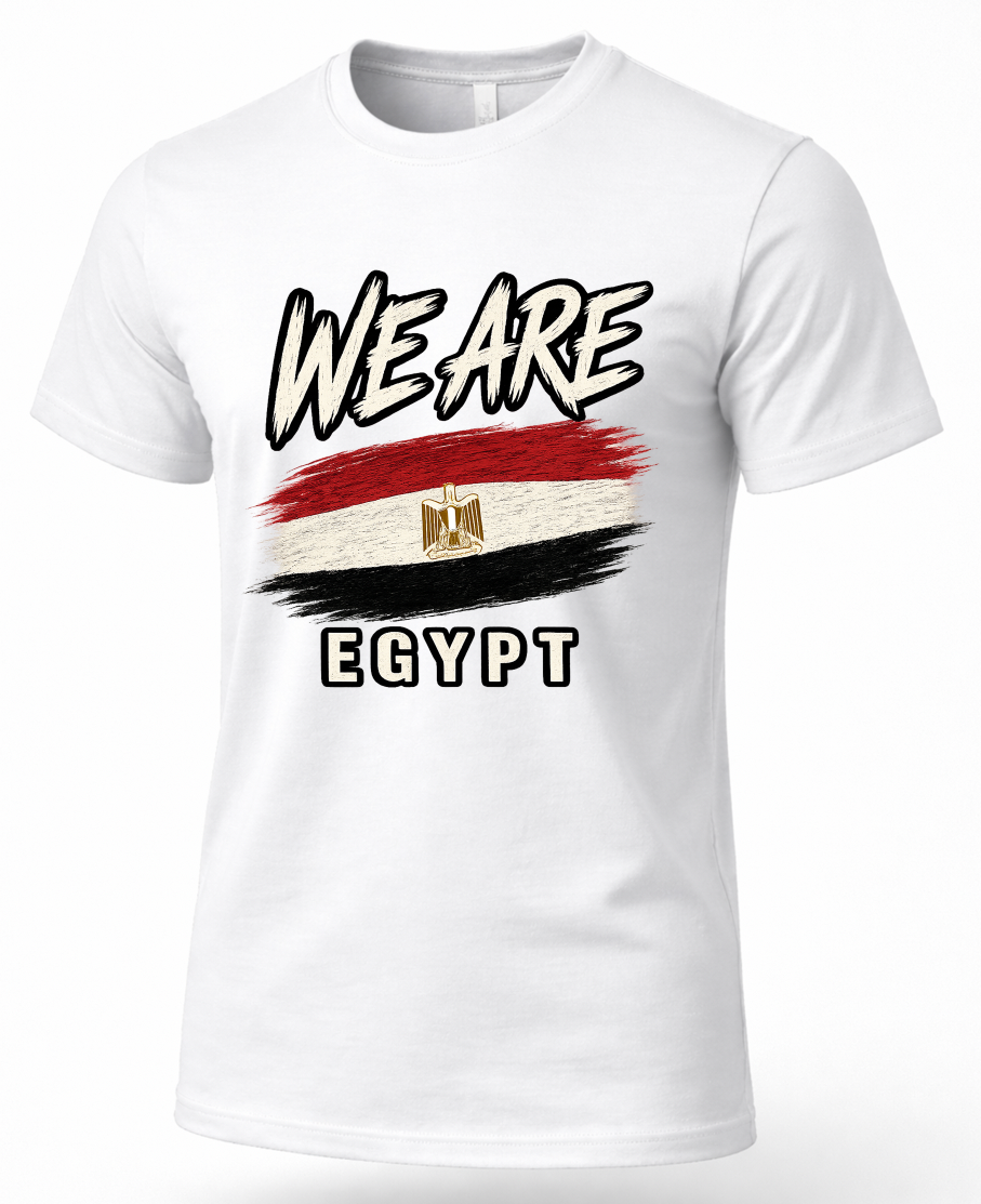 A white short-sleeve crewneck t-shirt featuring a graphic print of the text 'WE ARE EGYPT' and a distressed Egyptian flag design on the front.
