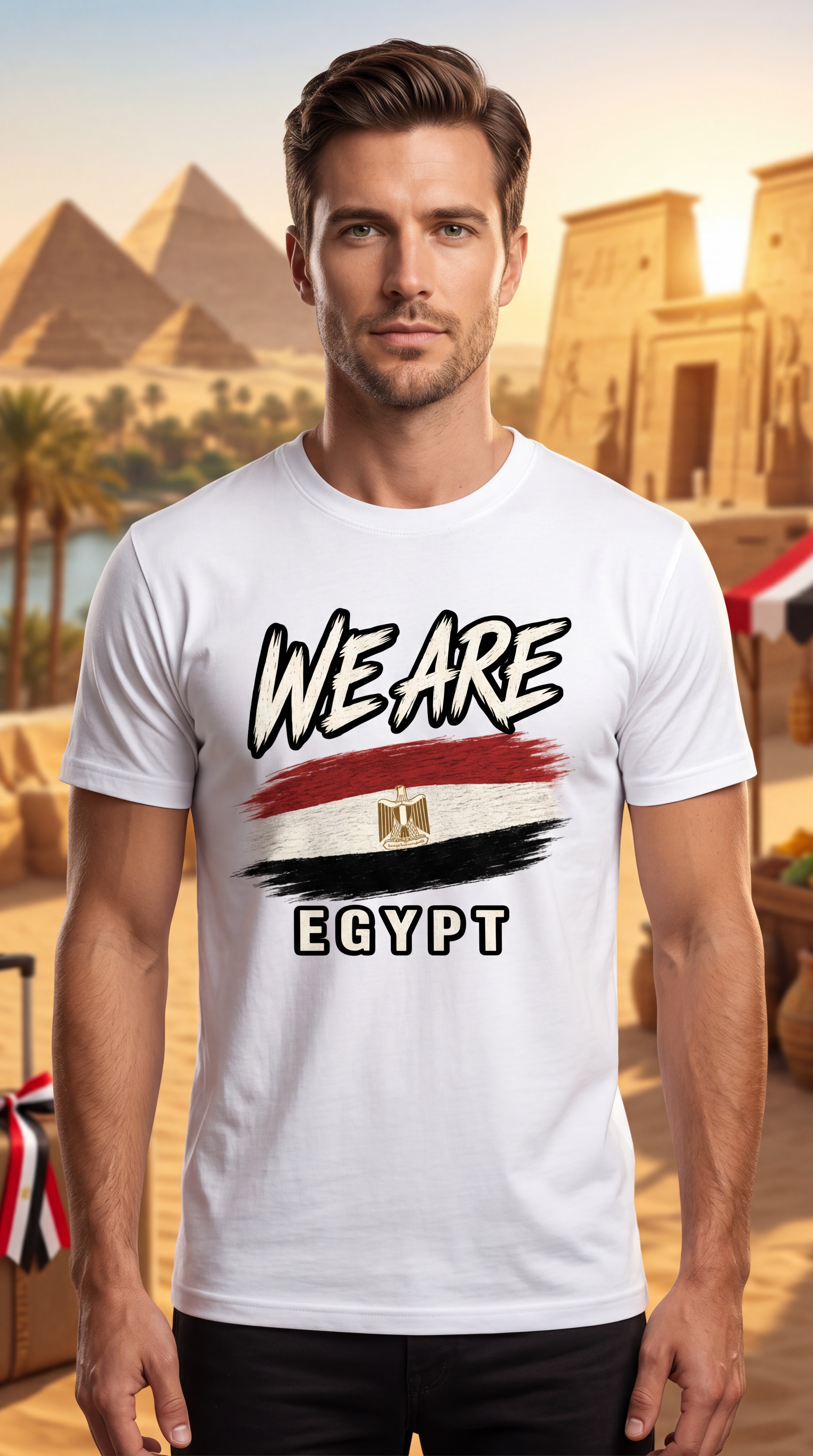 A man wearing a white graphic t-shirt with 'WE ARE EGYPT' and an Egyptian flag design, set against a background of the Egyptian pyramids.