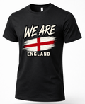 A black short-sleeve crewneck t-shirt featuring a distressed graphic print of the word 'WE ARE' above a red and white English flag, with 'ENGLAND' printed below in white.
