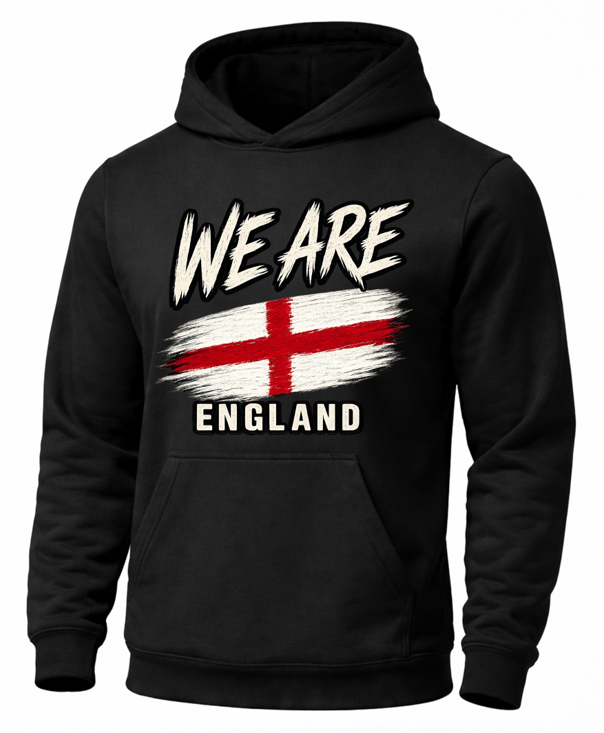 A black pullover hoodie featuring a front graphic with the text 'WE ARE' above a stylized red and white England flag, and 'ENGLAND' below, shown on a plain white background.