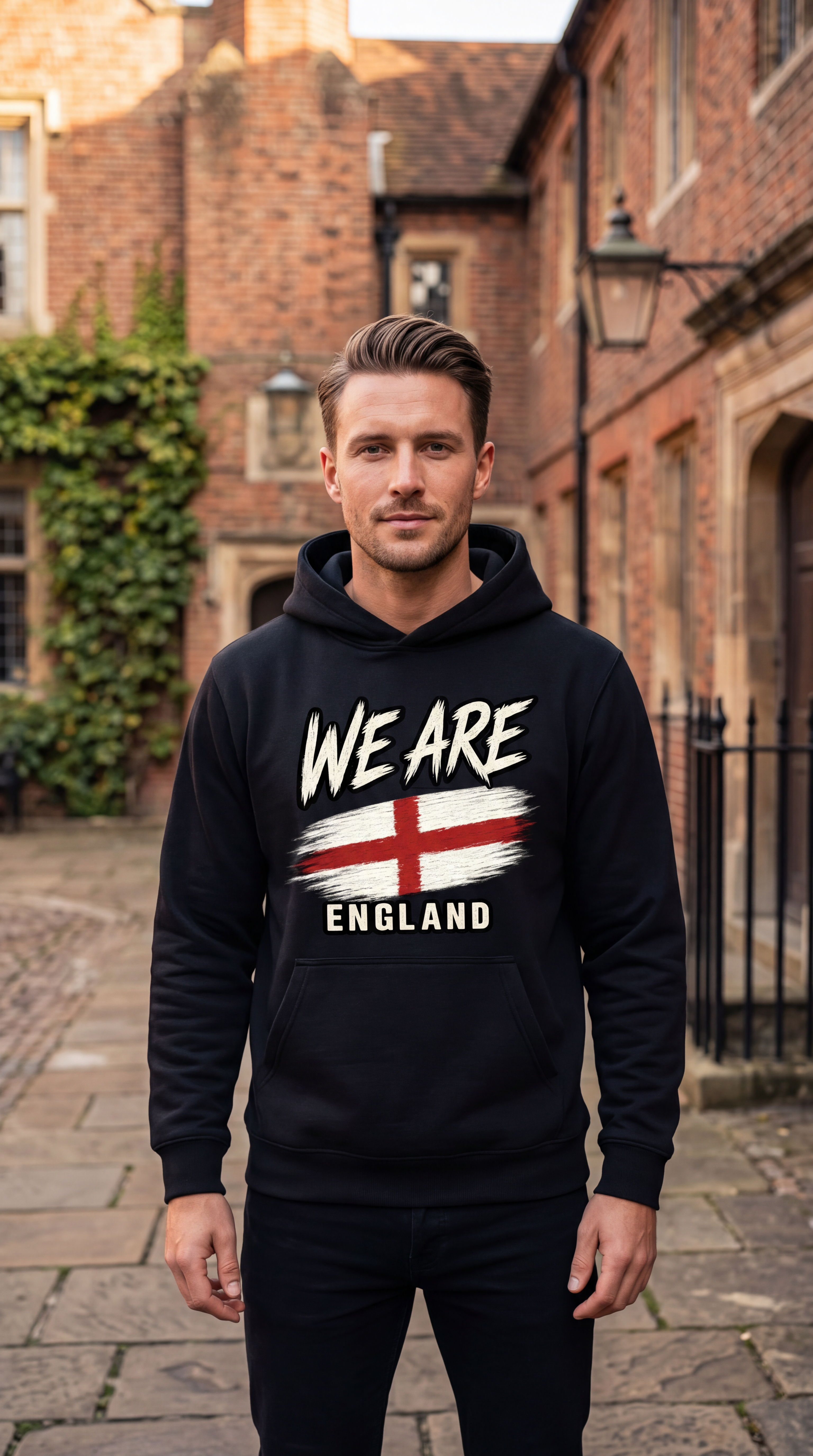 A man wearing a black hoodie with a white and red England graphic on the front, standing on a cobblestone street in front of historic brick buildings.