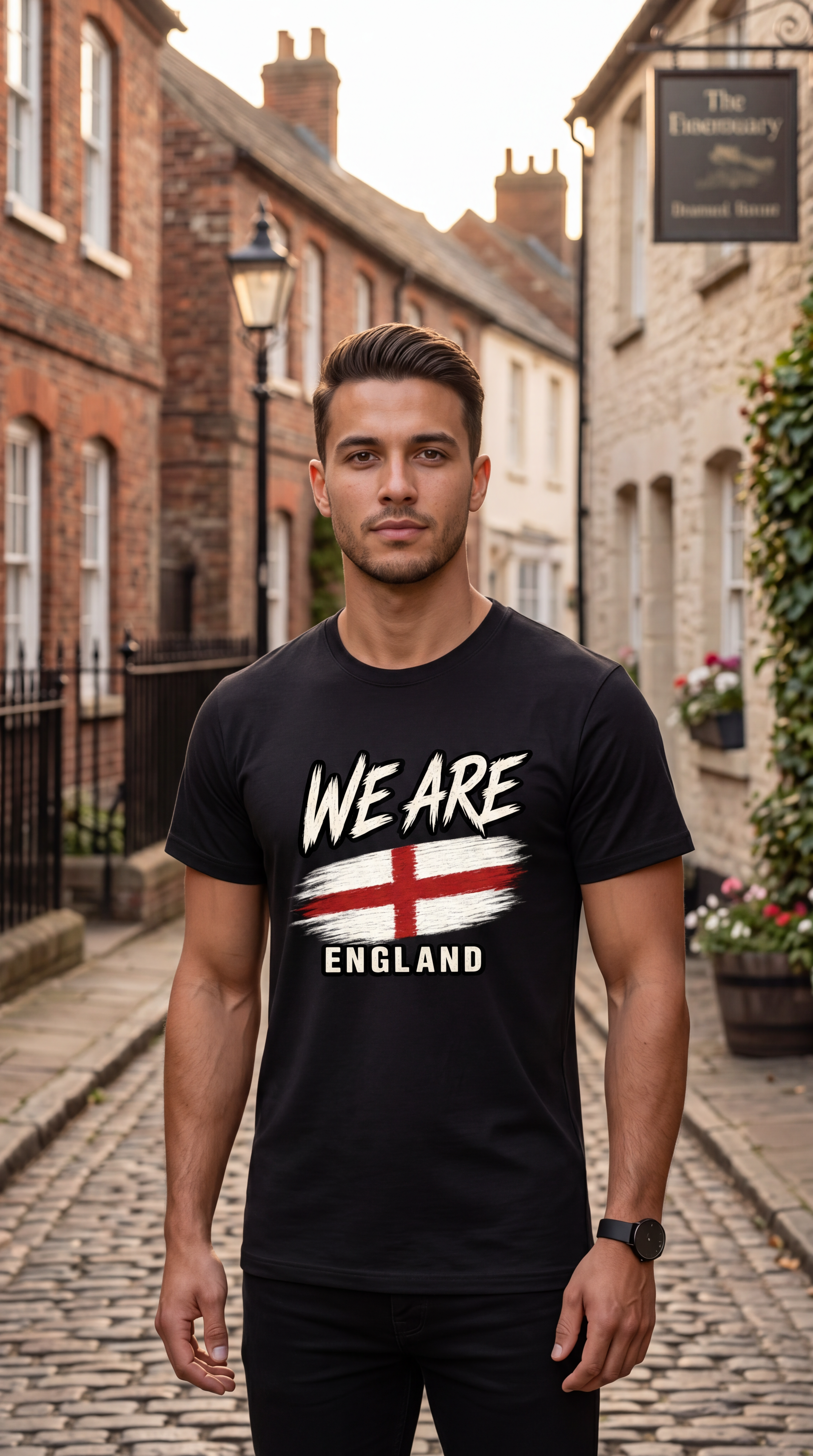 A man wearing a black graphic t-shirt with 'WE ARE ENGLAND' and the St George's Cross flag printed on the front, standing on a cobblestone street in front of historic brick buildings.