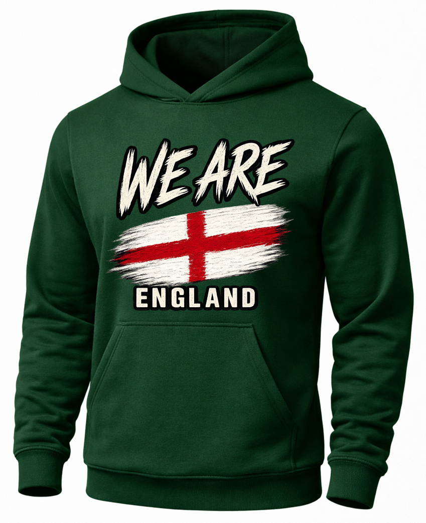 A dark green pullover hoodie with a front graphic that reads 'WE ARE ENGLAND' above and below a stylized red cross flag on a white brushstroke background.