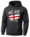 A dark charcoal gray hoodie featuring a distressed graphic of the St. George's England flag with the text 'WE ARE ENGLAND' printed in white and red.