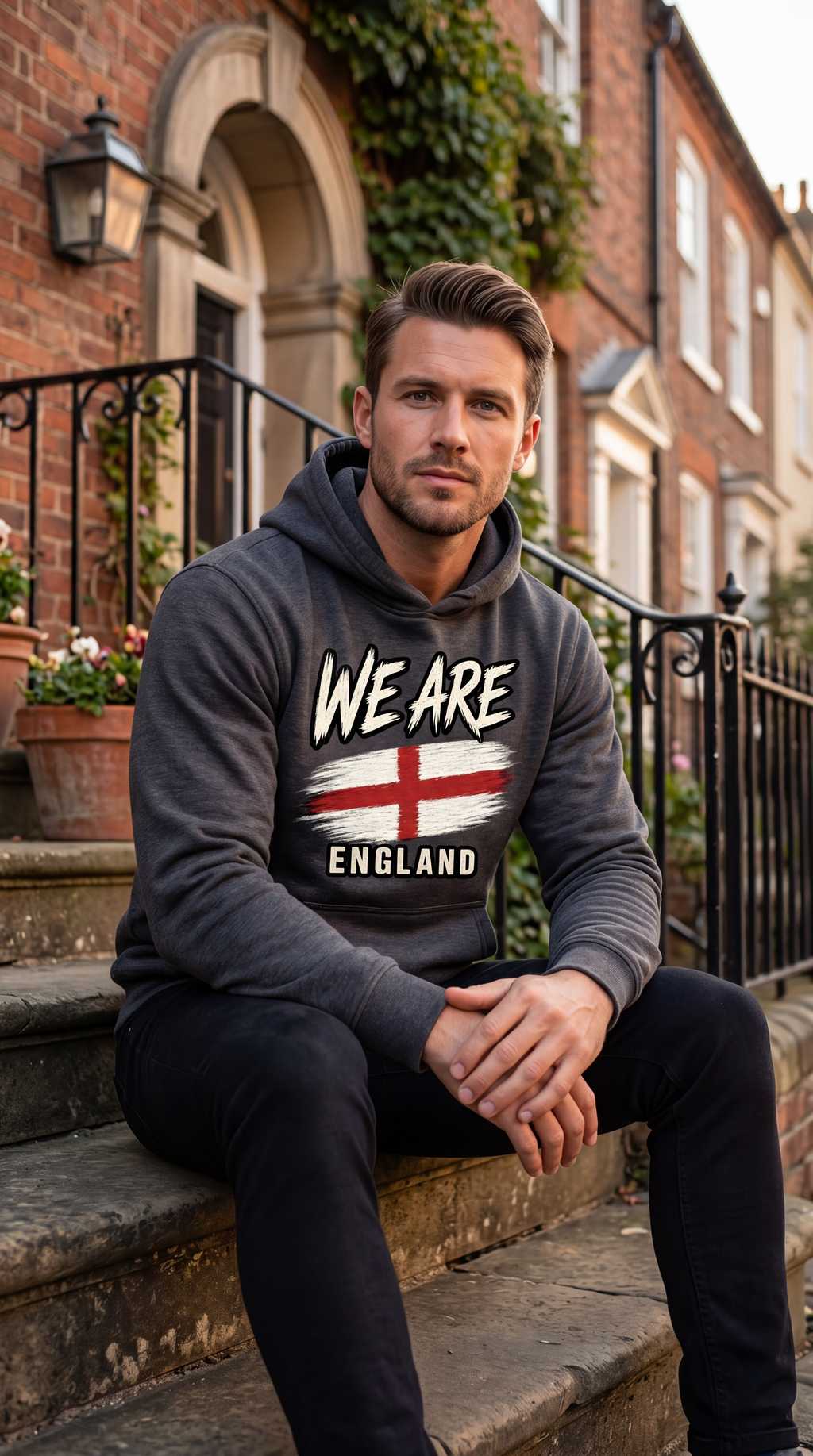 A man sitting on stone steps in front of a brick building, wearing a dark gray hoodie with a white and red 'WE ARE ENGLAND' graphic on the front.