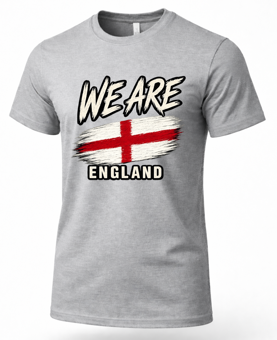 heather gray t-shirt with a graphic that reads 'WE ARE ENGLAND' above and below a red and white England flag. 
