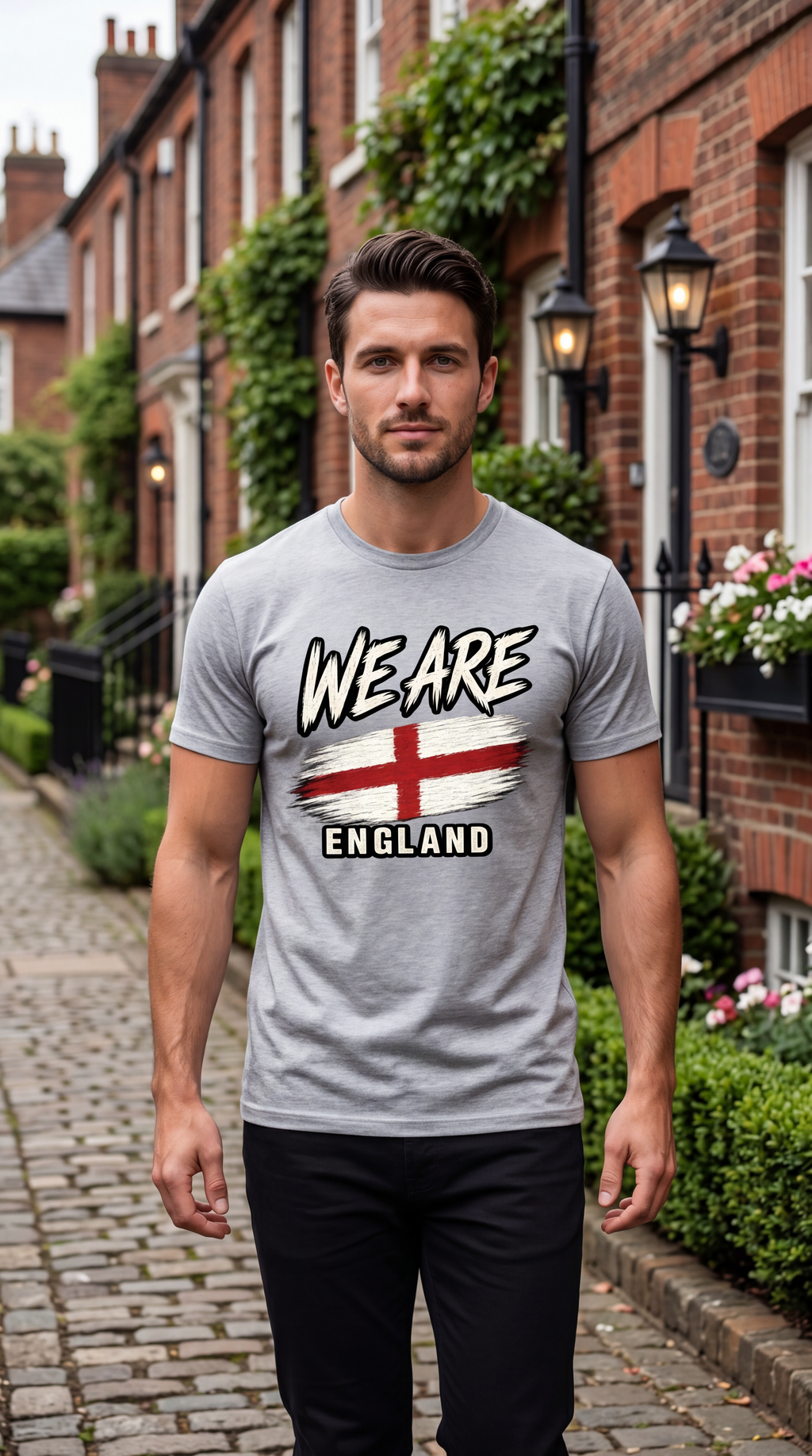 A man standing on a cobblestone street wearing a heather gray t-shirt with a graphic that reads 'WE ARE ENGLAND' above and below a red and white England flag. The background shows a blurred row of red brick houses with green ivy.