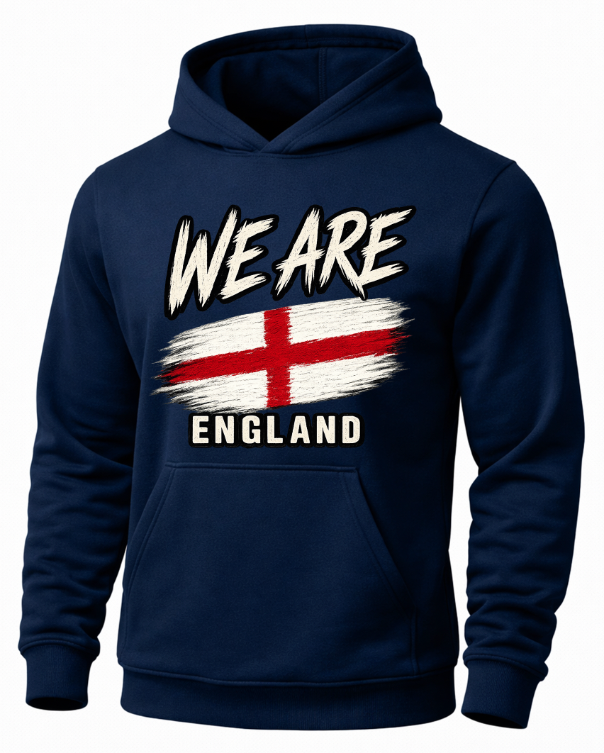 A navy blue pullover hoodie with a graphic on the chest that reads 'WE ARE ENGLAND' above and below a red and white England flag design, shown on a plain white background.