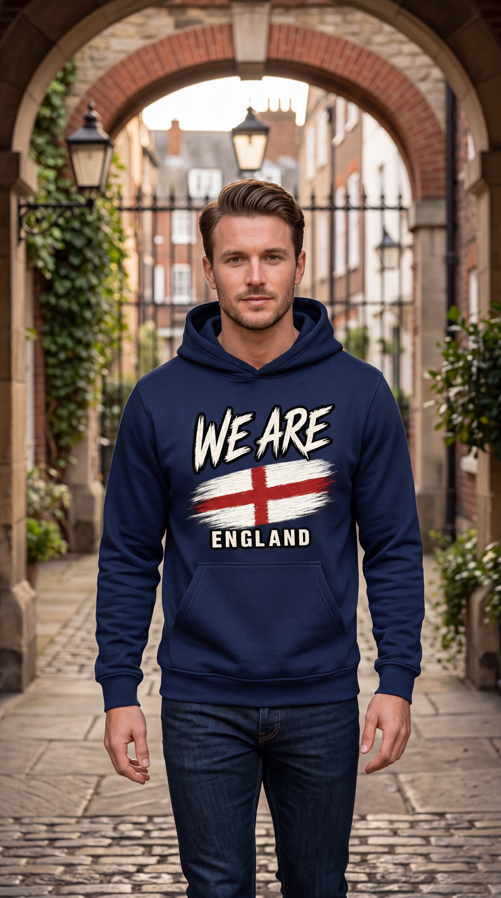 A man wearing a navy blue hoodie with a 'WE ARE ENGLAND' graphic featuring the St George's Cross flag, standing in a stone alleyway with arches.