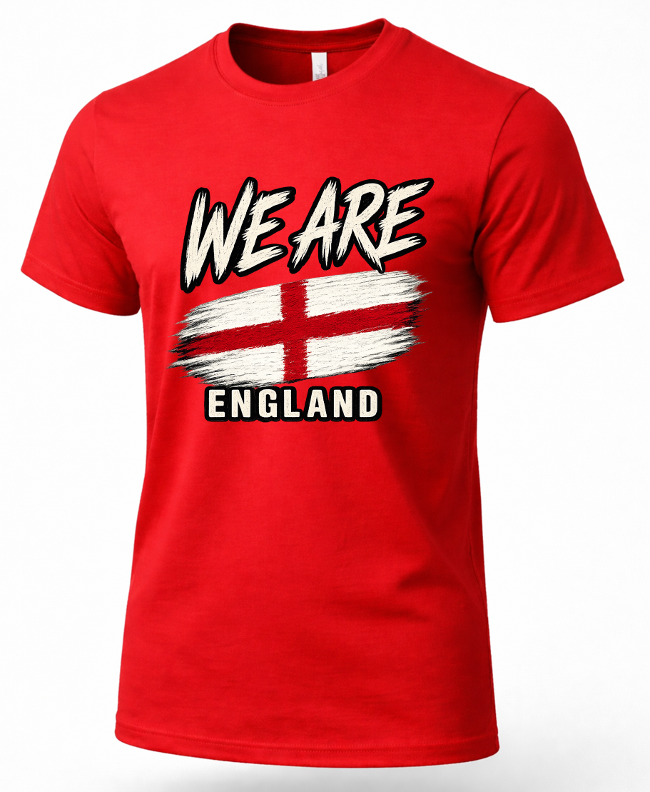 A red short-sleeve crewneck t-shirt featuring a graphic print on the front with the text 'WE ARE ENGLAND' and a distressed red cross design resembling the England flag, shown against a plain white background.