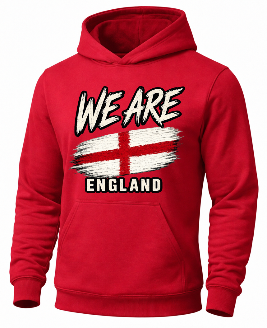 A red pullover hoodie with a front graphic that reads 'WE ARE ENGLAND' above a distressed red and white England flag design, shown on a plain white background.