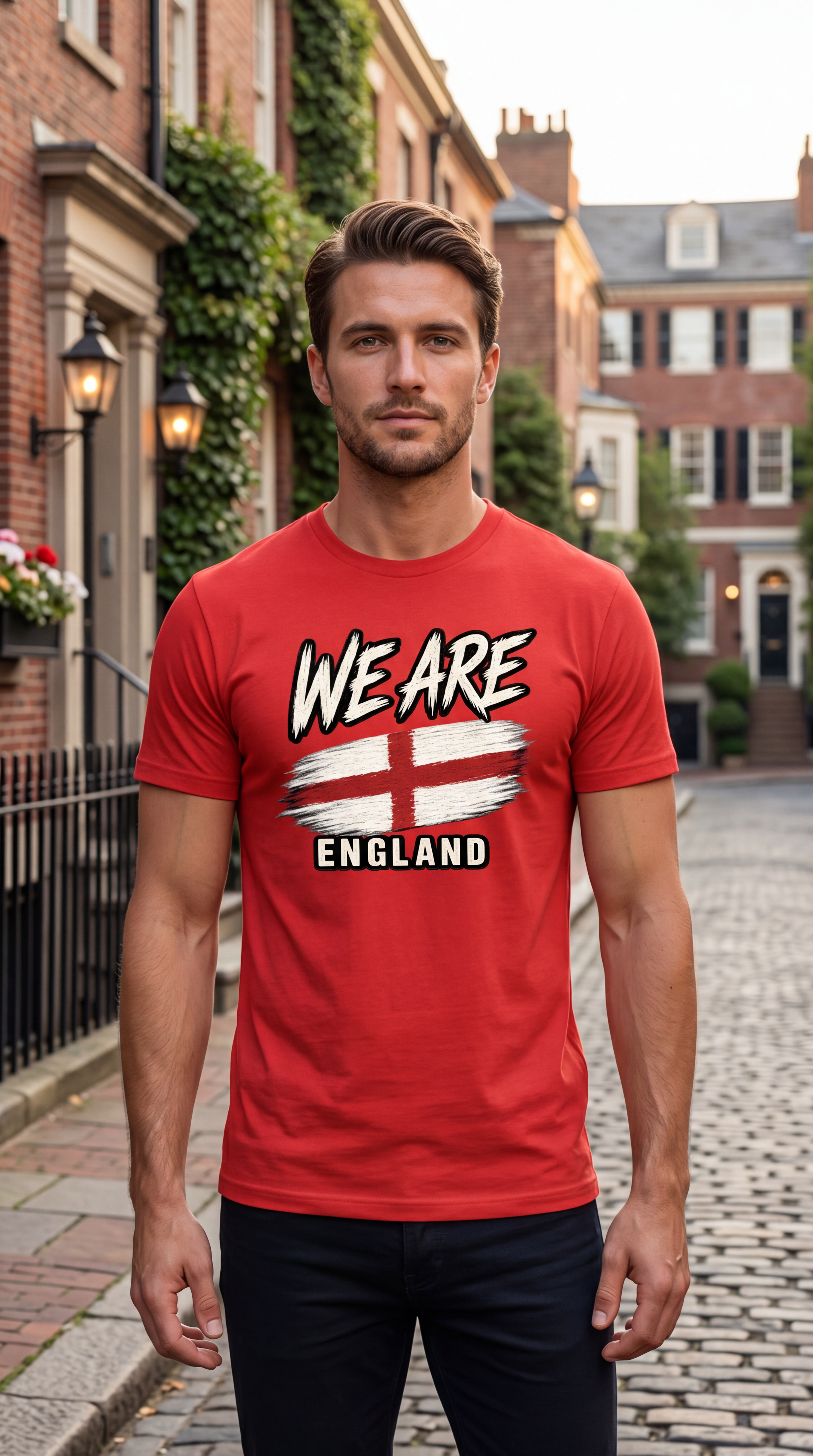 A man standing on a cobblestone street wearing a red t-shirt with a white and black graphic that reads 'WE ARE ENGLAND' with a stylized flag design.