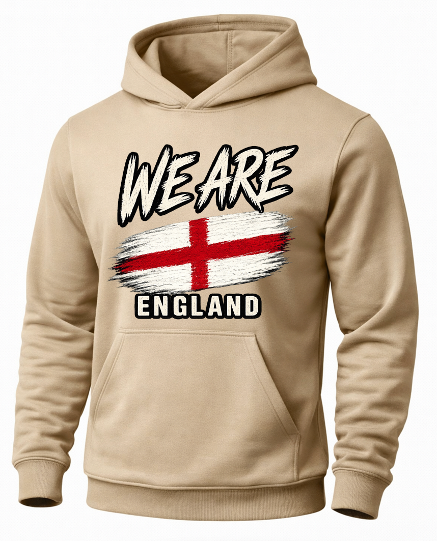 A beige pullover hoodie with a front graphic that reads 'WE ARE ENGLAND' above and below a distressed red cross flag on a white background.