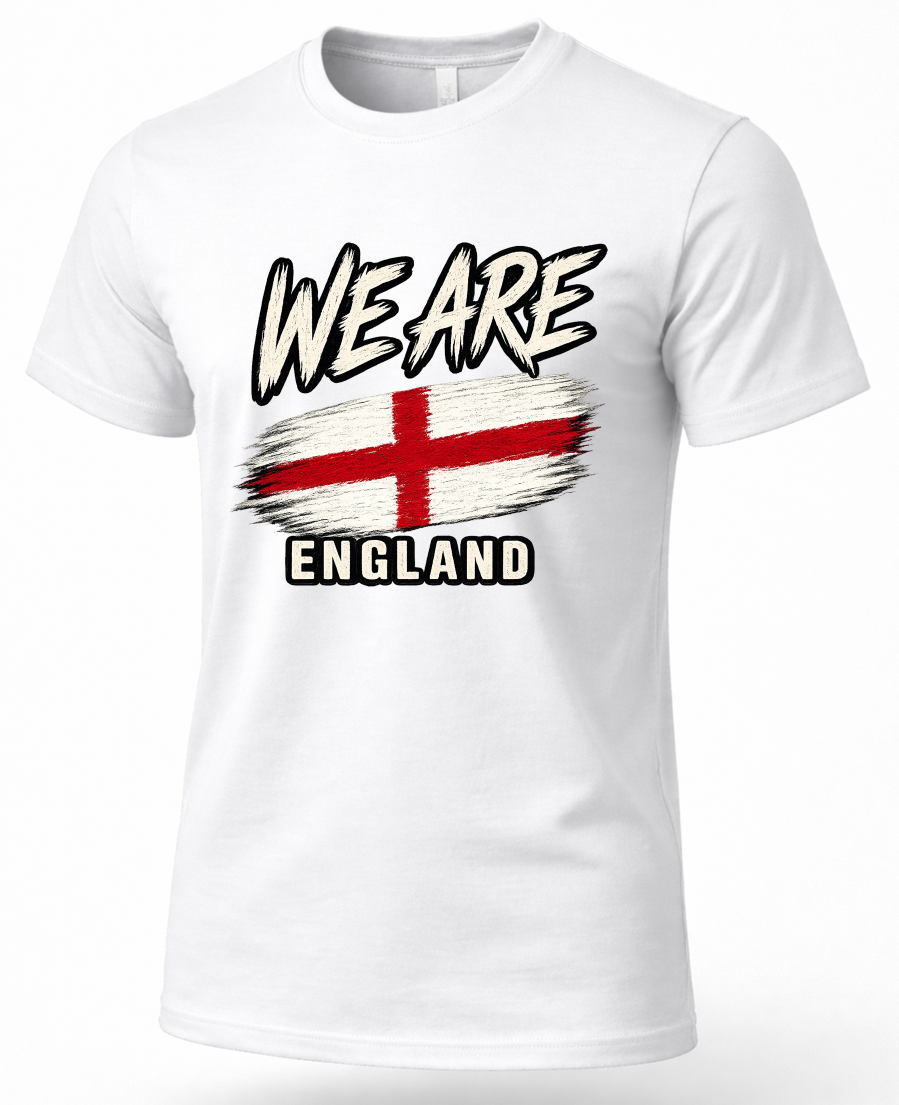 A white short-sleeve crewneck t-shirt featuring a distressed graphic print of the St. George's Cross flag with the text 'WE ARE ENGLAND' in black and white lettering.