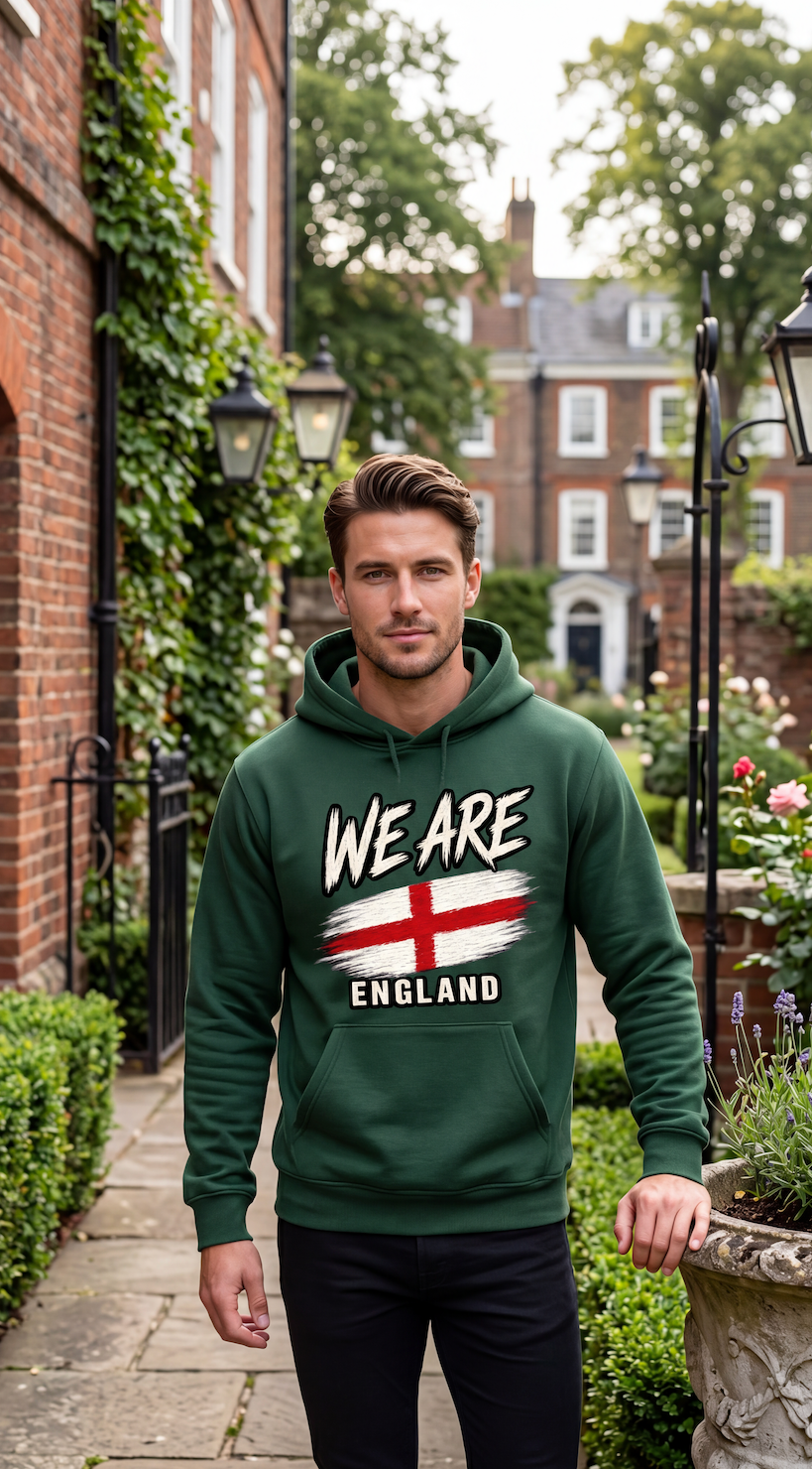 A man wearing a dark green hoodie with 'WE ARE ENGLAND' and the St George's Cross flag printed on the front, standing on a cobblestone street with brick houses and greenery in the background.