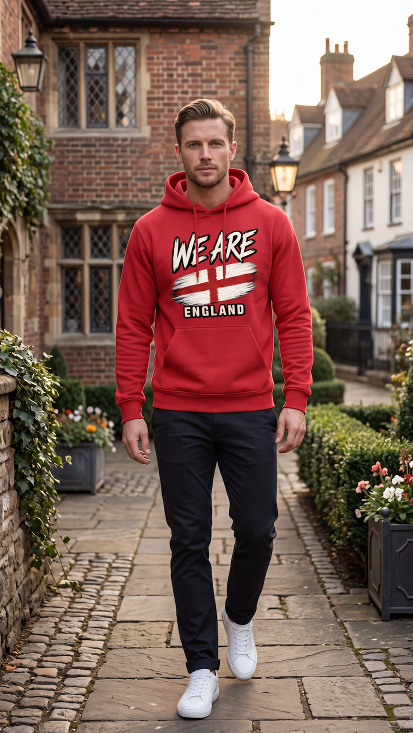 A man walking down a cobblestone street wearing a red hoodie with a white and red 'WE ARE ENGLAND' graphic, black pants, and white sneakers.