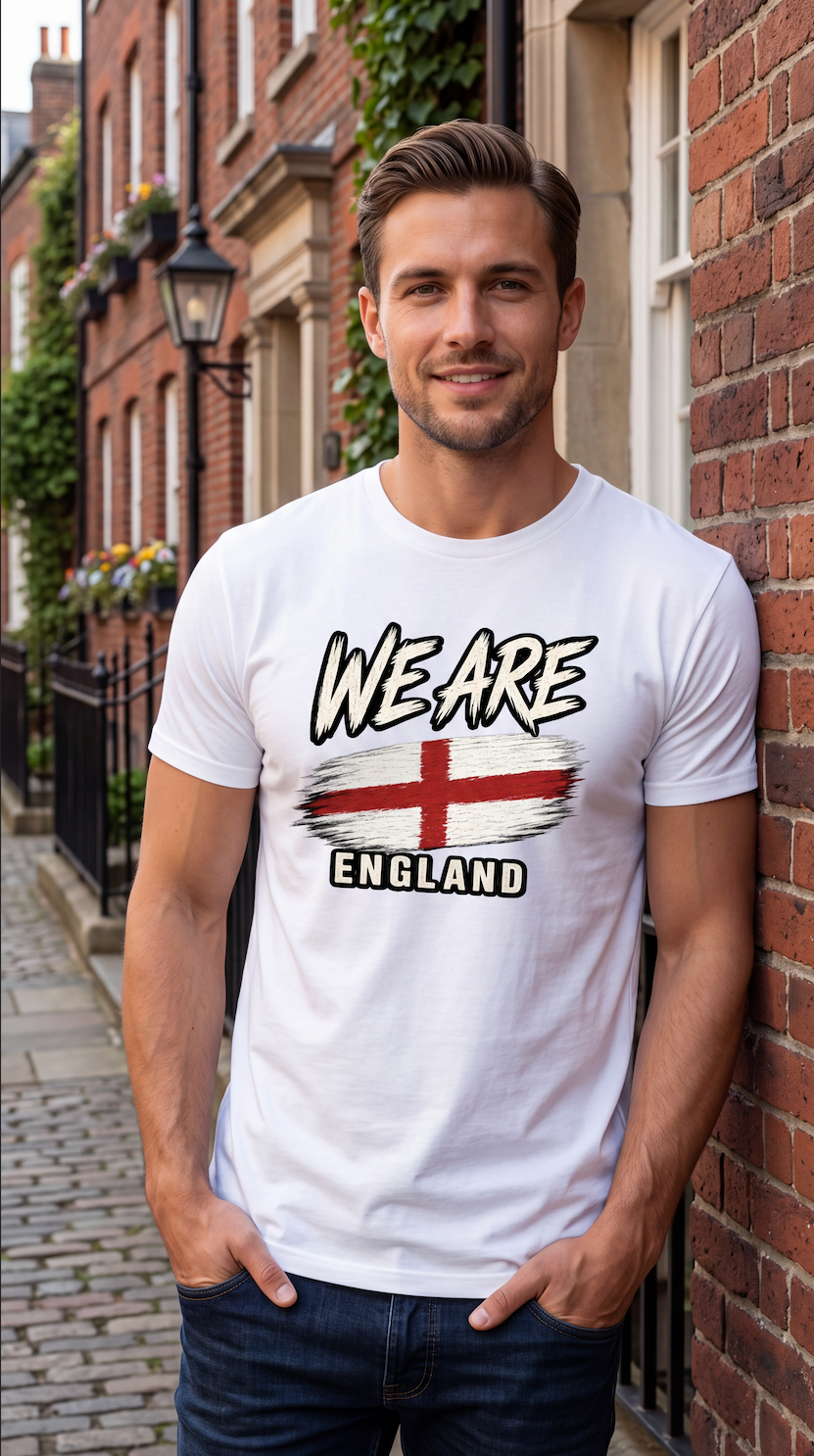 A man wearing a white graphic t-shirt with 'WE ARE ENGLAND' and the St George's Cross flag printed on the front, standing outdoors against a brick wall.