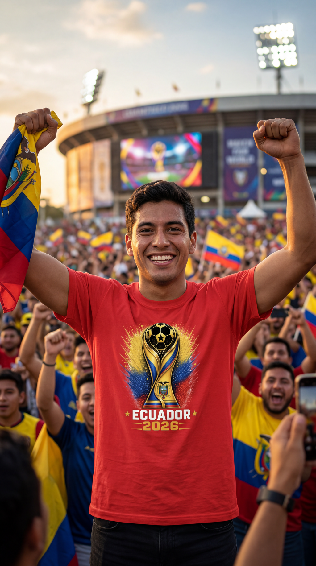 Man in a red shirt with a Scottish flag design cheering at a stadium.