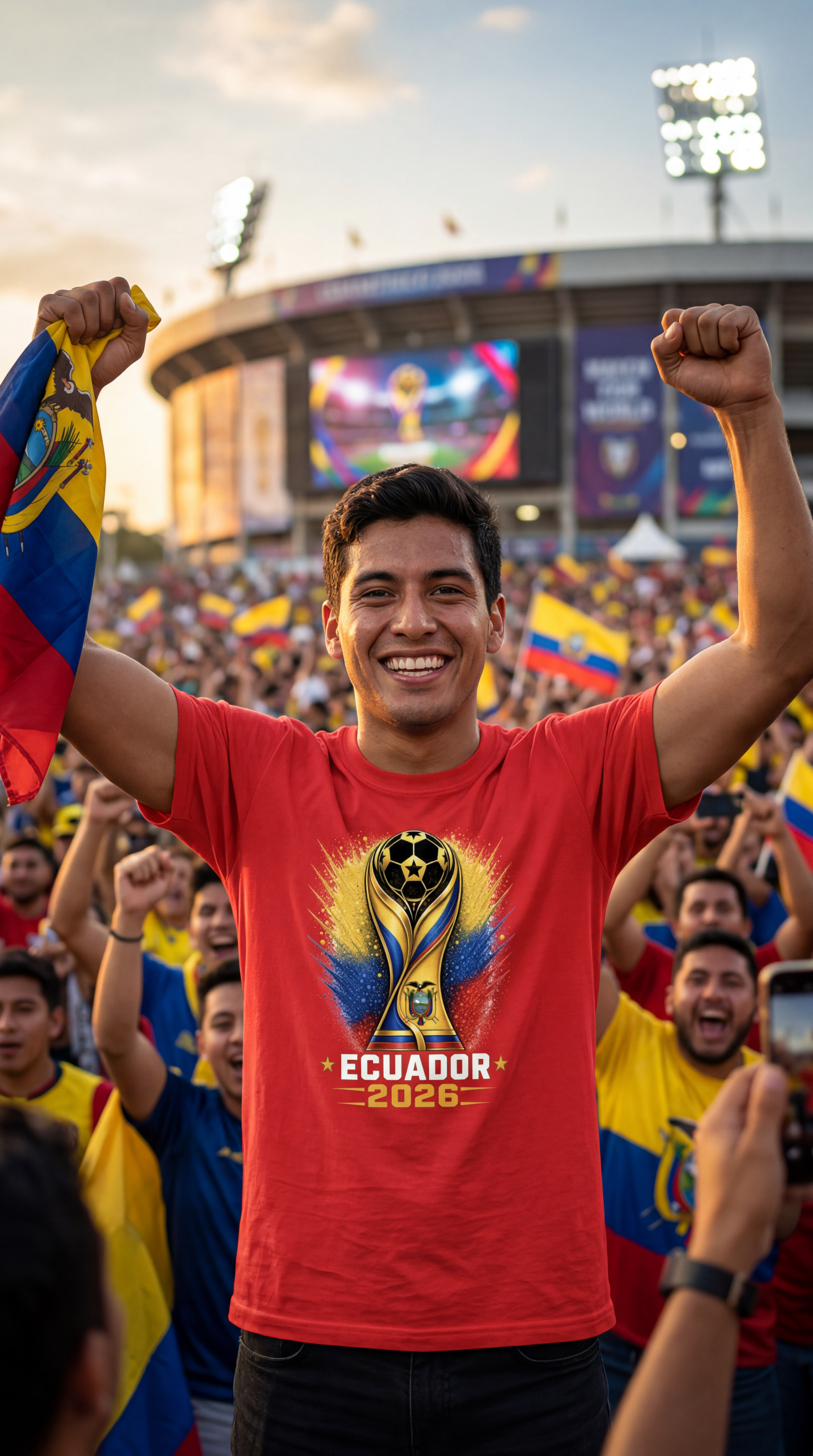 Man in a red shirt with a Scottish flag design cheering at a stadium.