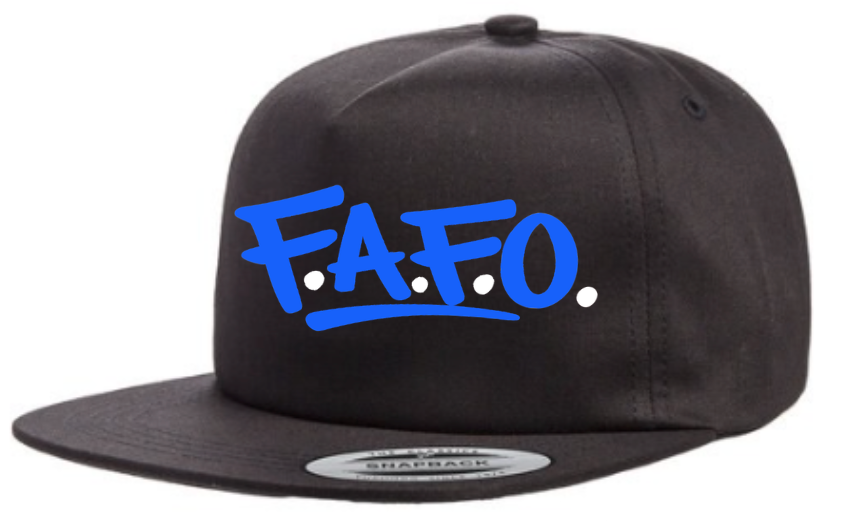 Black flat bill snapback hat with royal blue FAFO graphic logo shown at angled side view