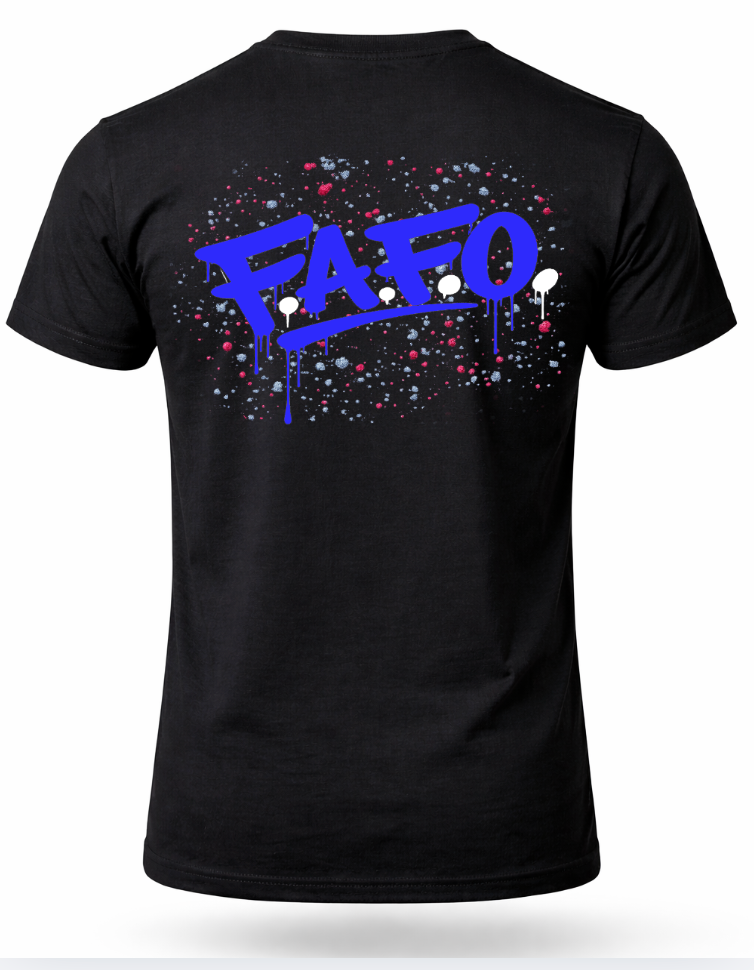 FAFO graphic t shirt for men with blue graffiti back print streetwear design