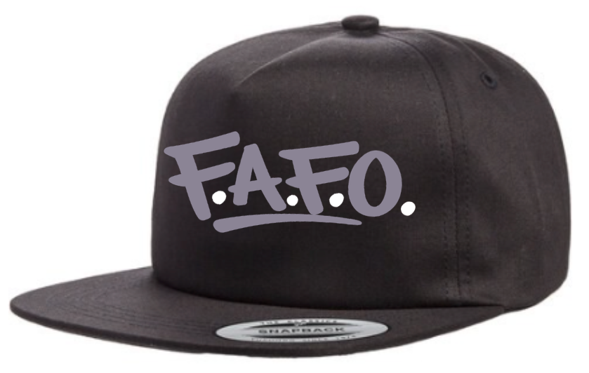 Black flat bill snapback hat with gray FAFO graphic logo shown at angled side view