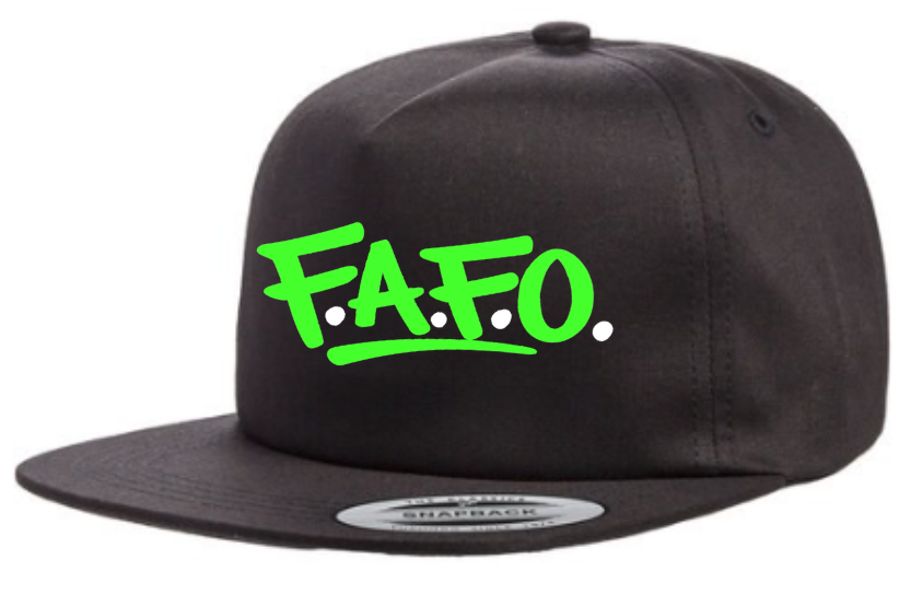 Black flat bill snapback hat with neon green FAFO graphic logo shown at angled side view