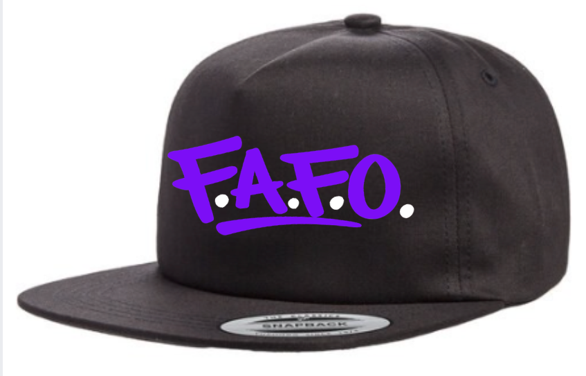 Black flat bill snapback hat with purple FAFO graphic logo shown at angled side view