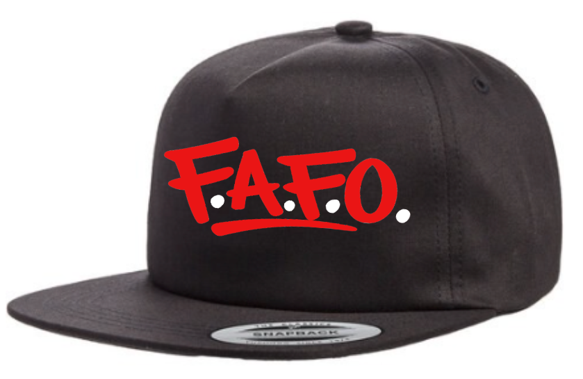 Black flat bill snapback hat with red FAFO graphic logo shown at angled side view