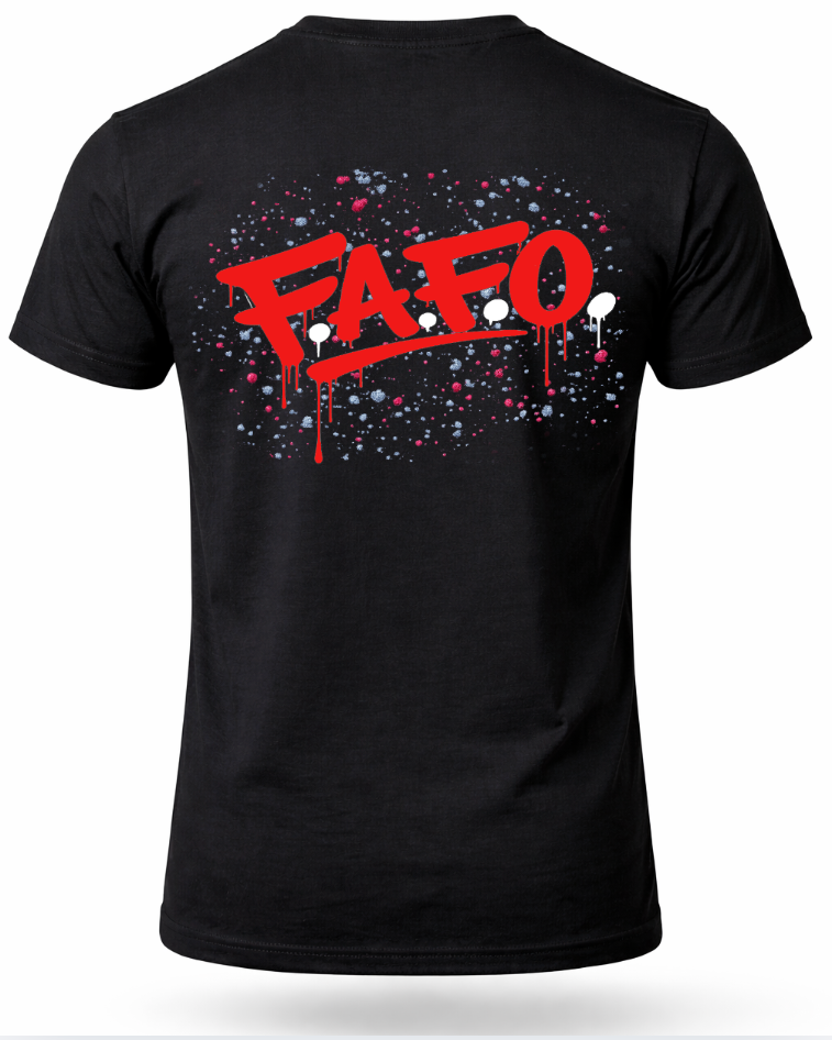 Black t-shirt with red FAFO logo on a white background