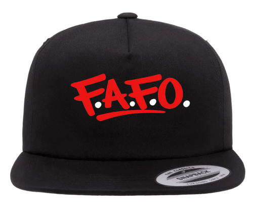 Black flat bill snapback hat with red FAFO graphic logo on front panel