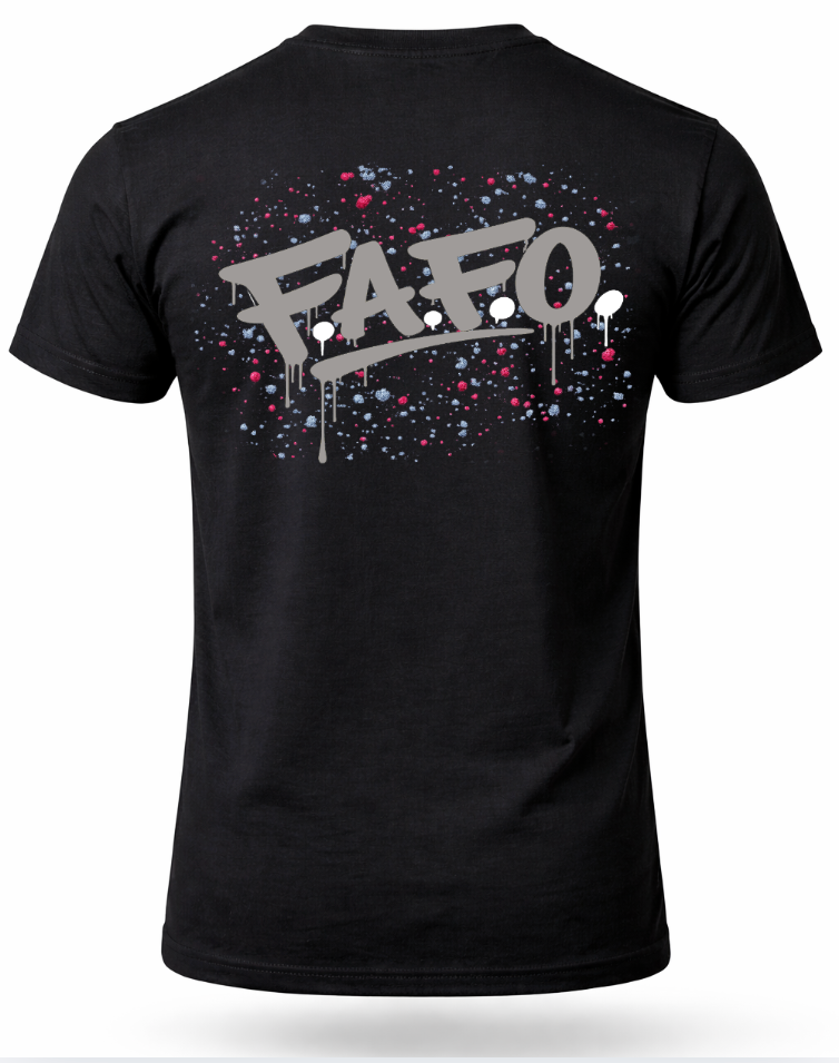 FAFO graphic t shirt for men with silver graffiti back print streetwear design