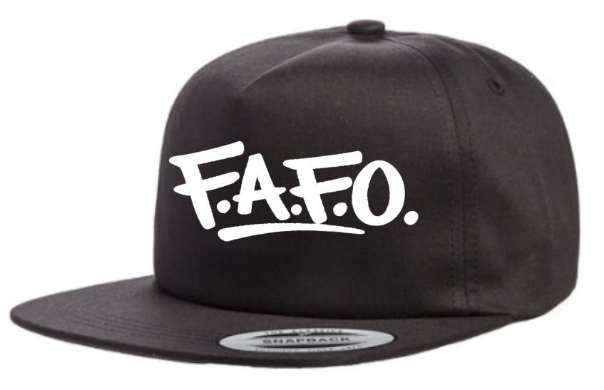 Black flat bill snapback hat with white FAFO graphic logo shown at angled side view