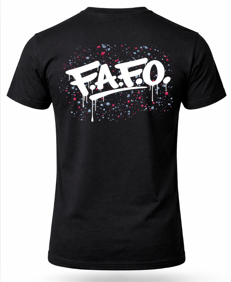 FAFO graphic t shirt for men with white graffiti back print streetwear design