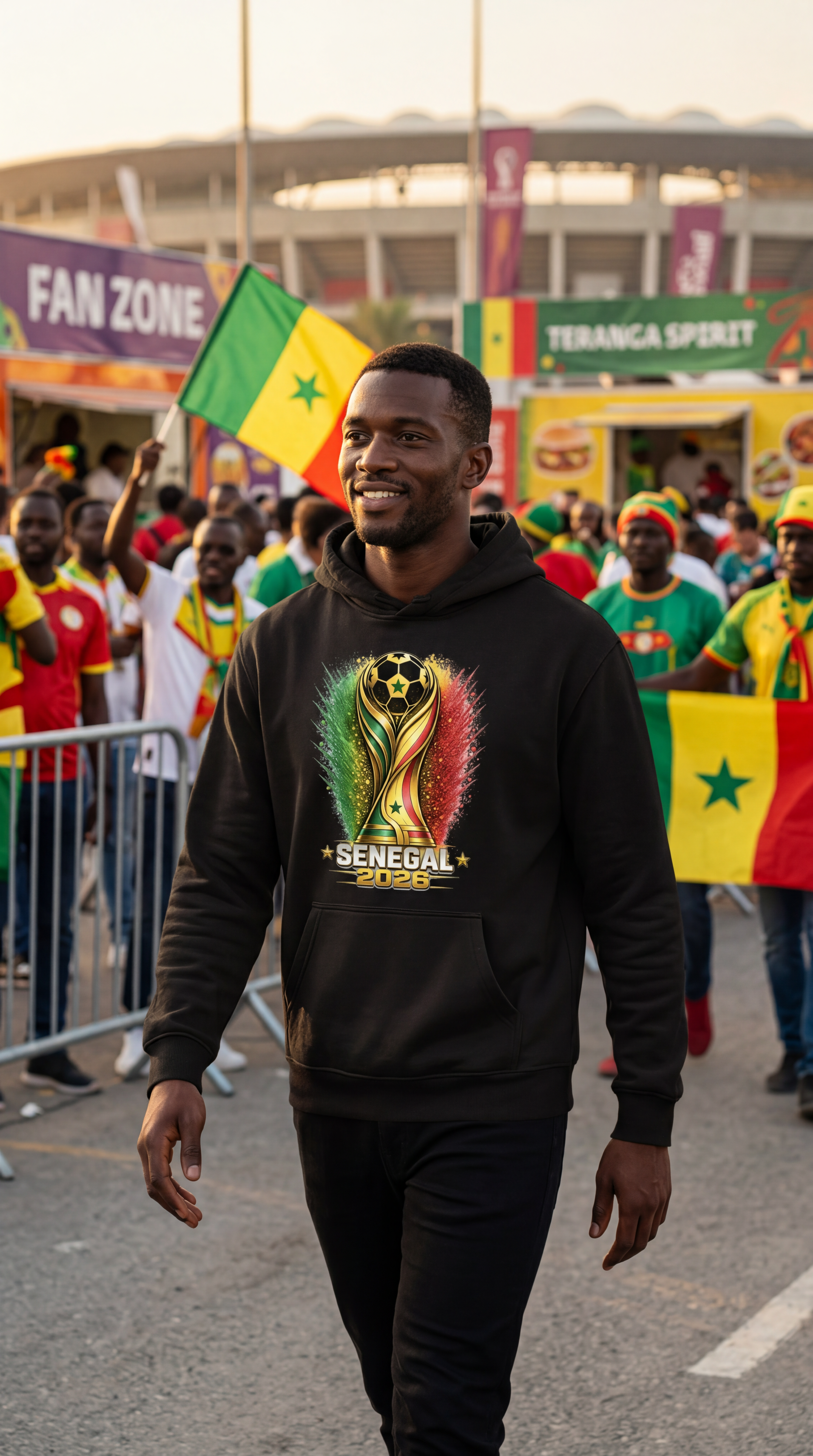 Man wearing a black hoodie with Ecuador 2026 design on a street with people and flags in the background