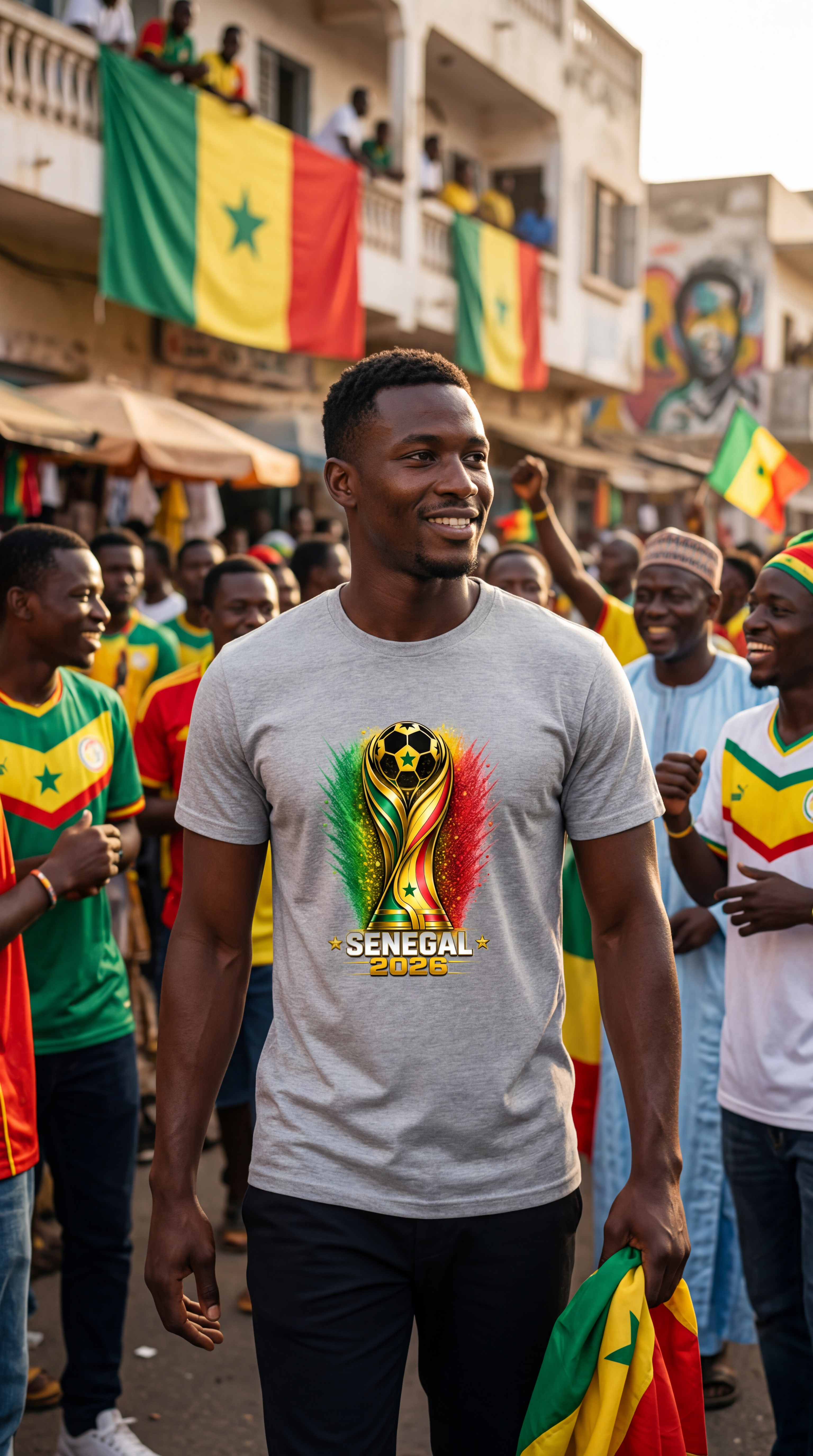 Man wearing a t-shirt with Ecuador 2026 design in a colorful street market.