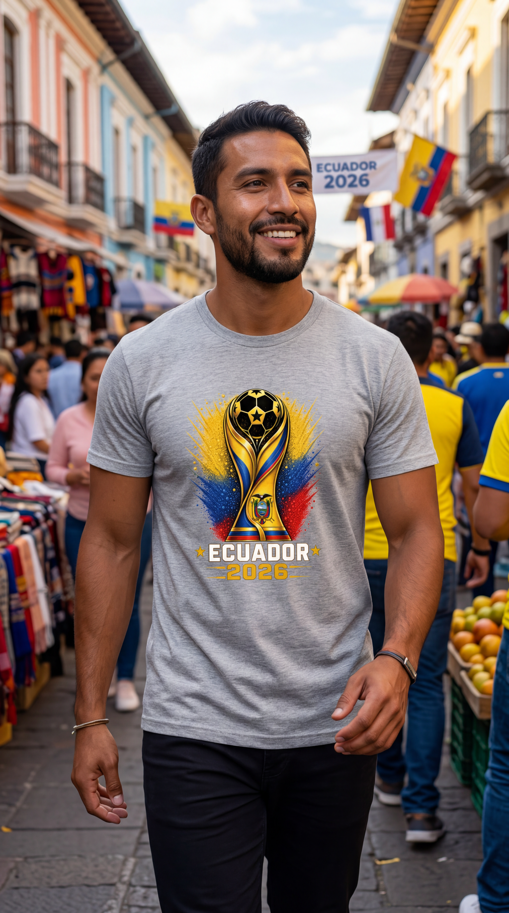 Man wearing a gray t-shirt with a Scotland 2026 design in an outdoor setting.