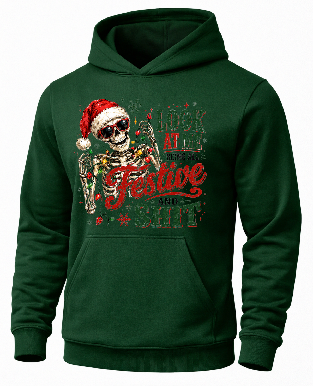 Forest green skeleton Christmas hoodie with Santa skull and Christmas lights graphic