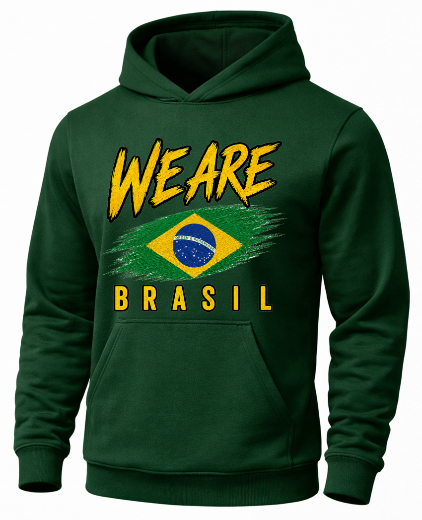 A dark green pullover hoodie featuring a graphic print on the front with the text 'WE ARE BRASIL' in yellow and a stylized Brazilian flag design.