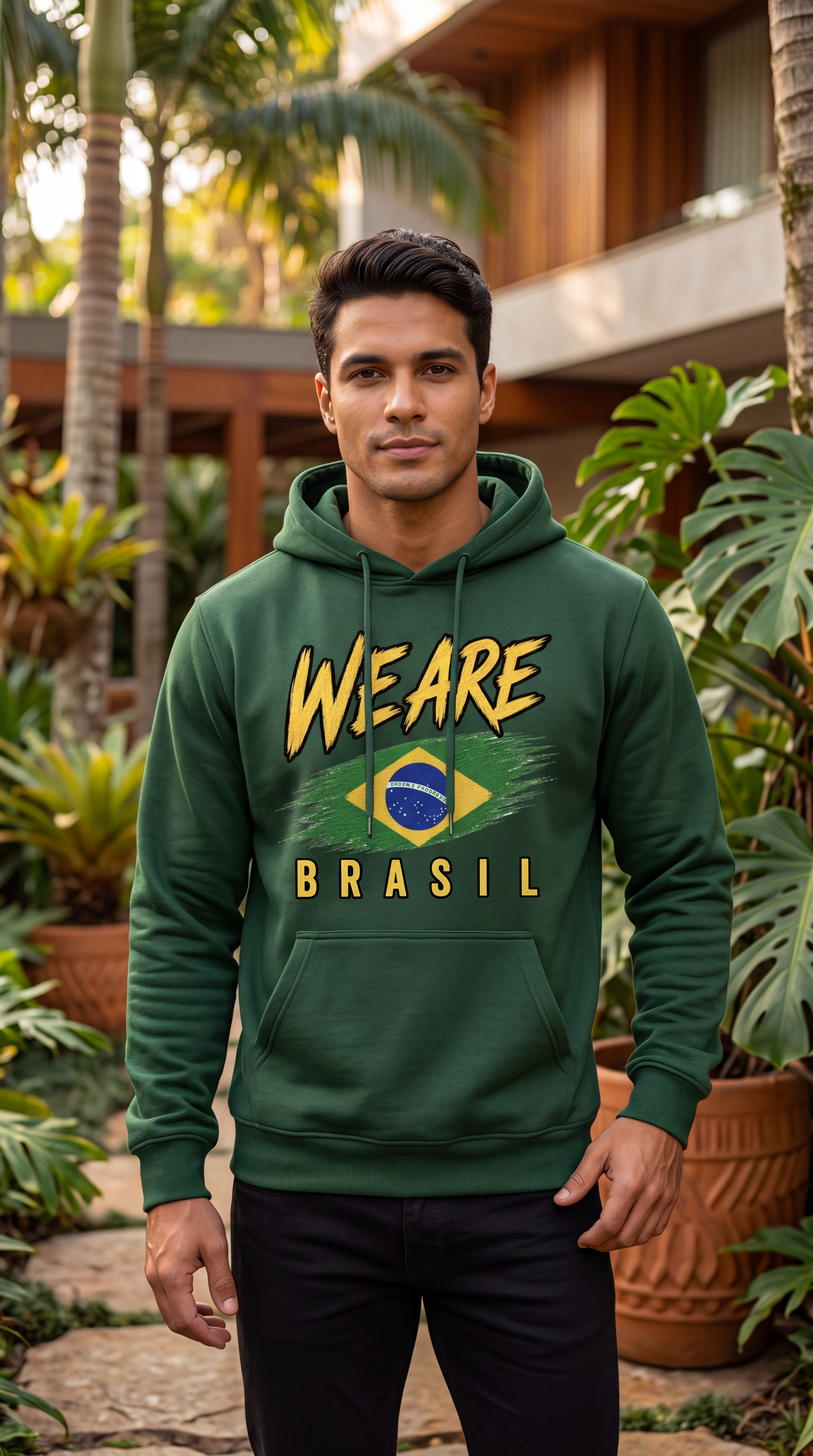A man wearing a green hoodie with a 'WE ARE BRASIL' graphic featuring the Brazilian flag, standing in a tropical garden setting.